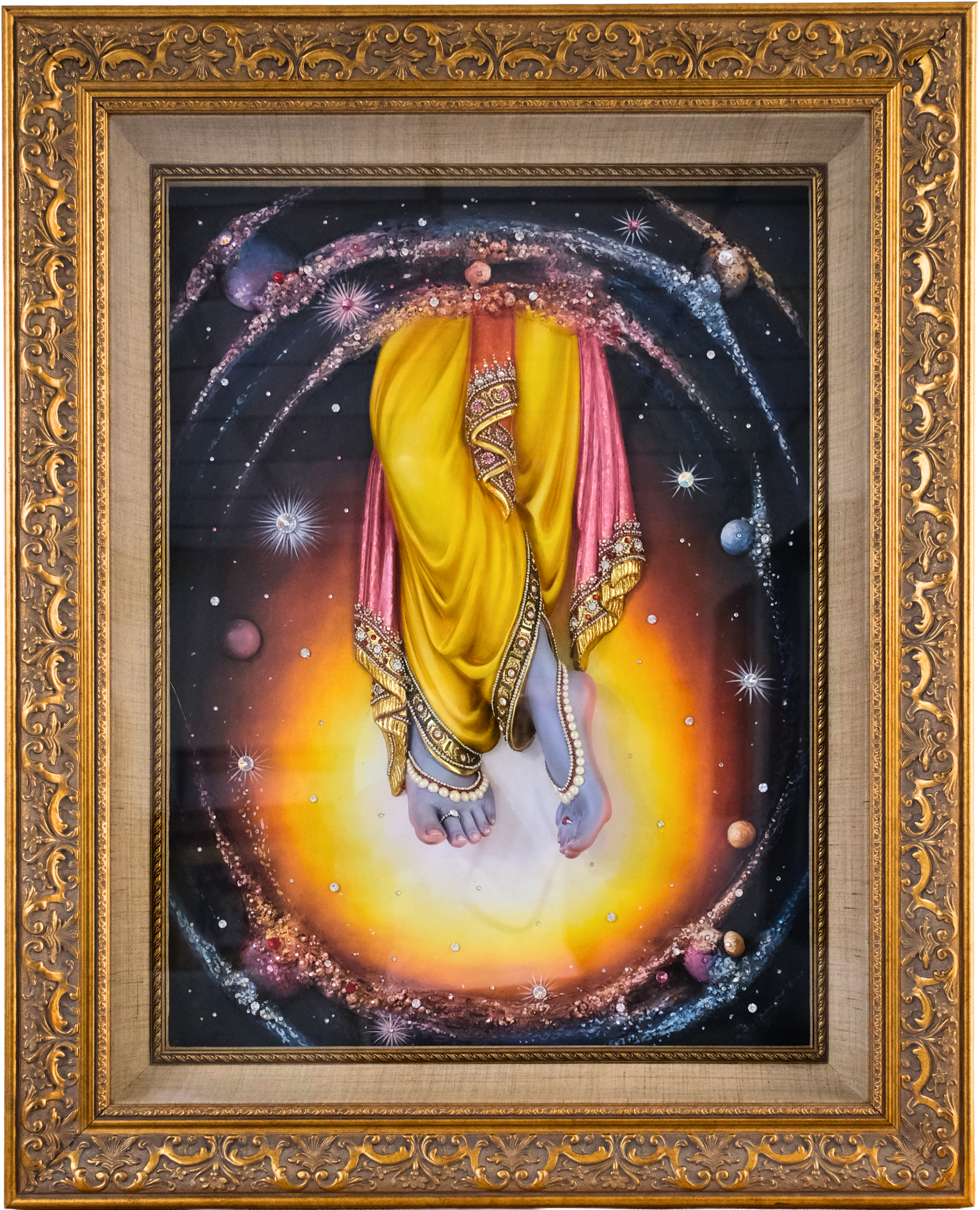 Original mixed-media artwork depicting the sacred feet of Lord Krishna within a glowing cosmic halo, inspired by Vrindavan, Nidhivan, and the divine Raas Leela.