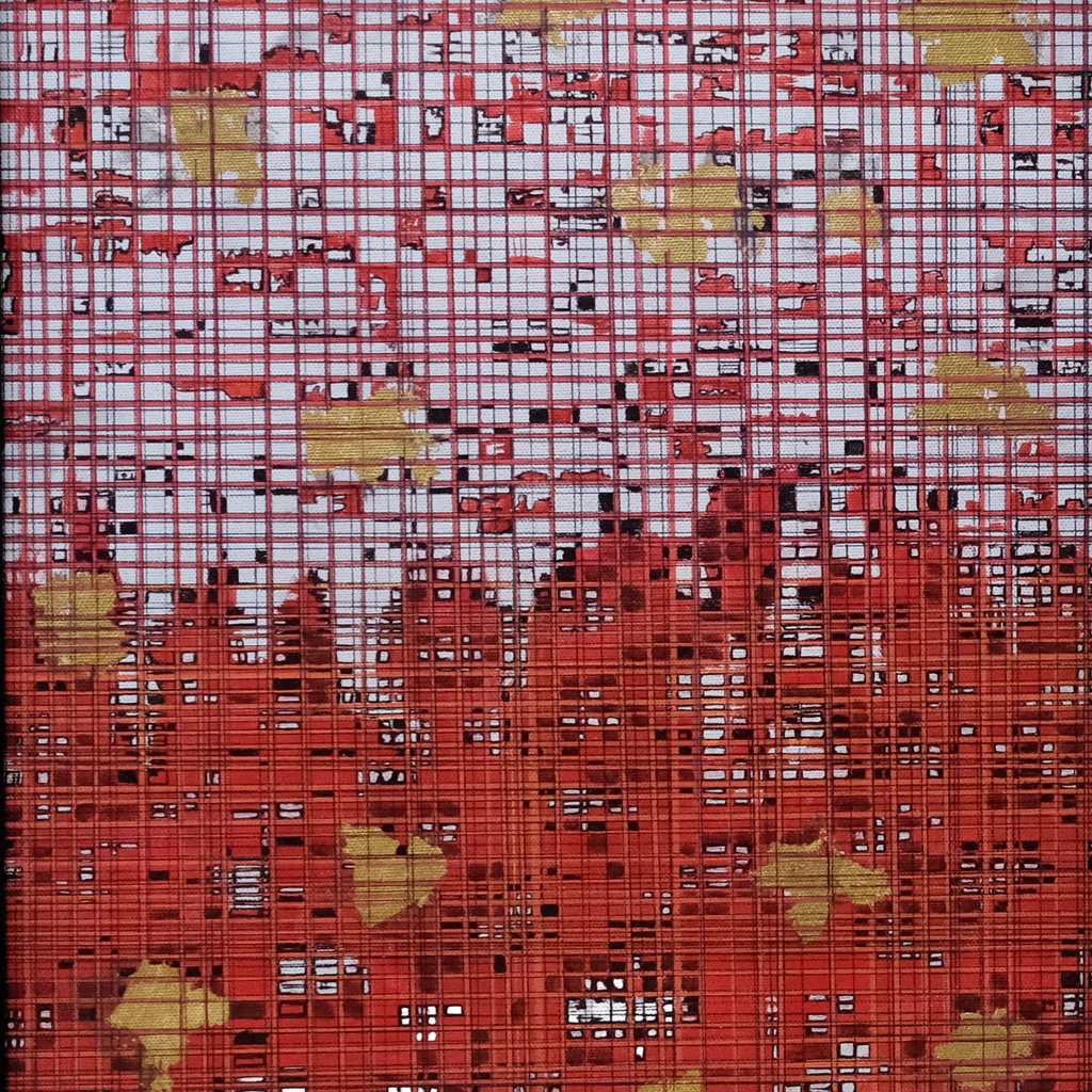 Mesh | Layered Red Grid Mixed Media Artwork