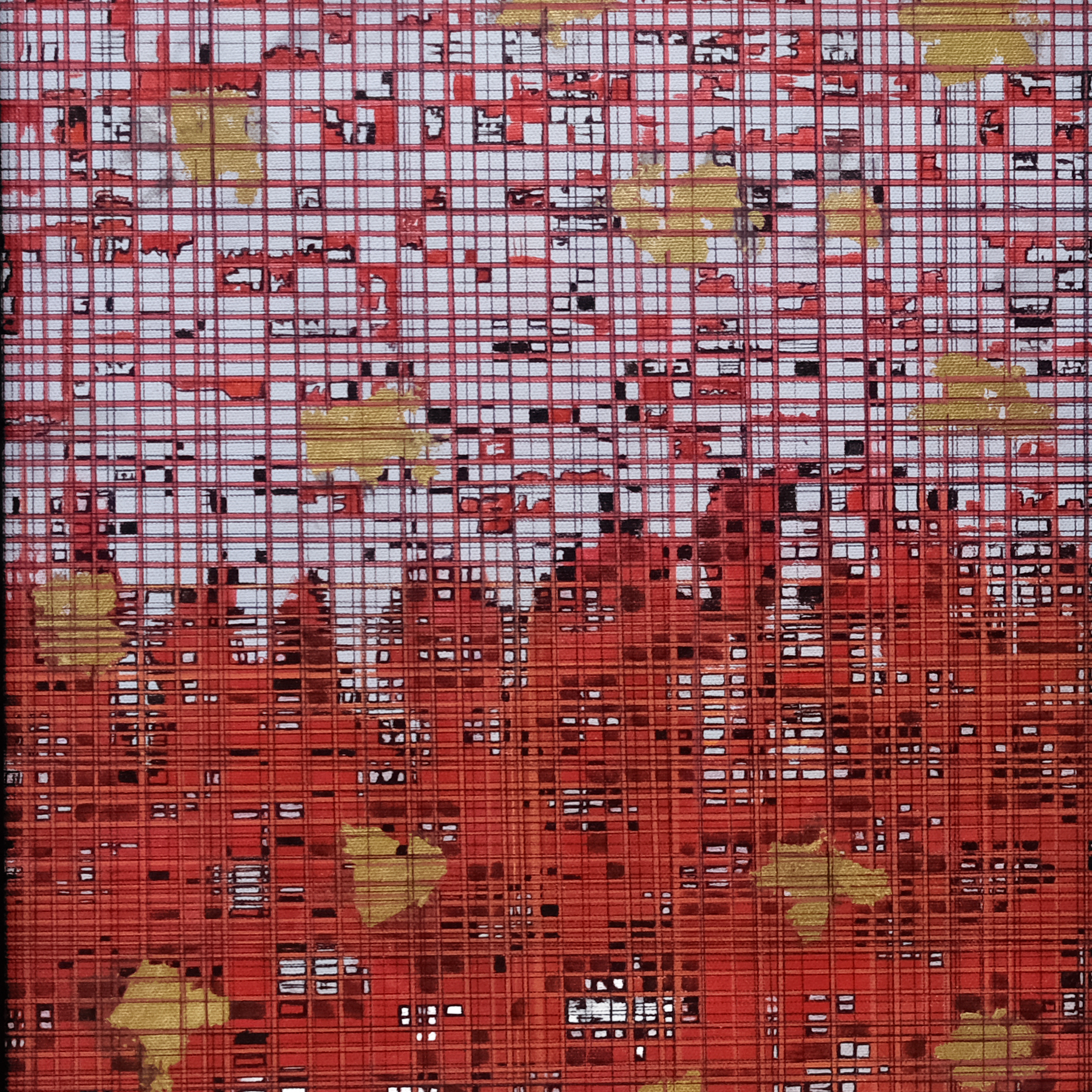 Mesh | Layered Red Grid Mixed Media Artwork