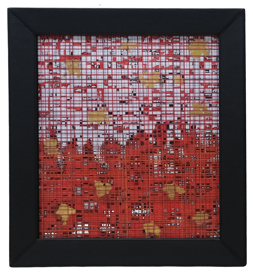 Original mixed media abstract artwork featuring layered red grid lines, gold leaf accents, and dense geometric textures creating depth and visual rhythm.