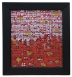 Original mixed media abstract artwork featuring layered red grid lines, gold leaf accents, and dense geometric textures creating depth and visual rhythm.