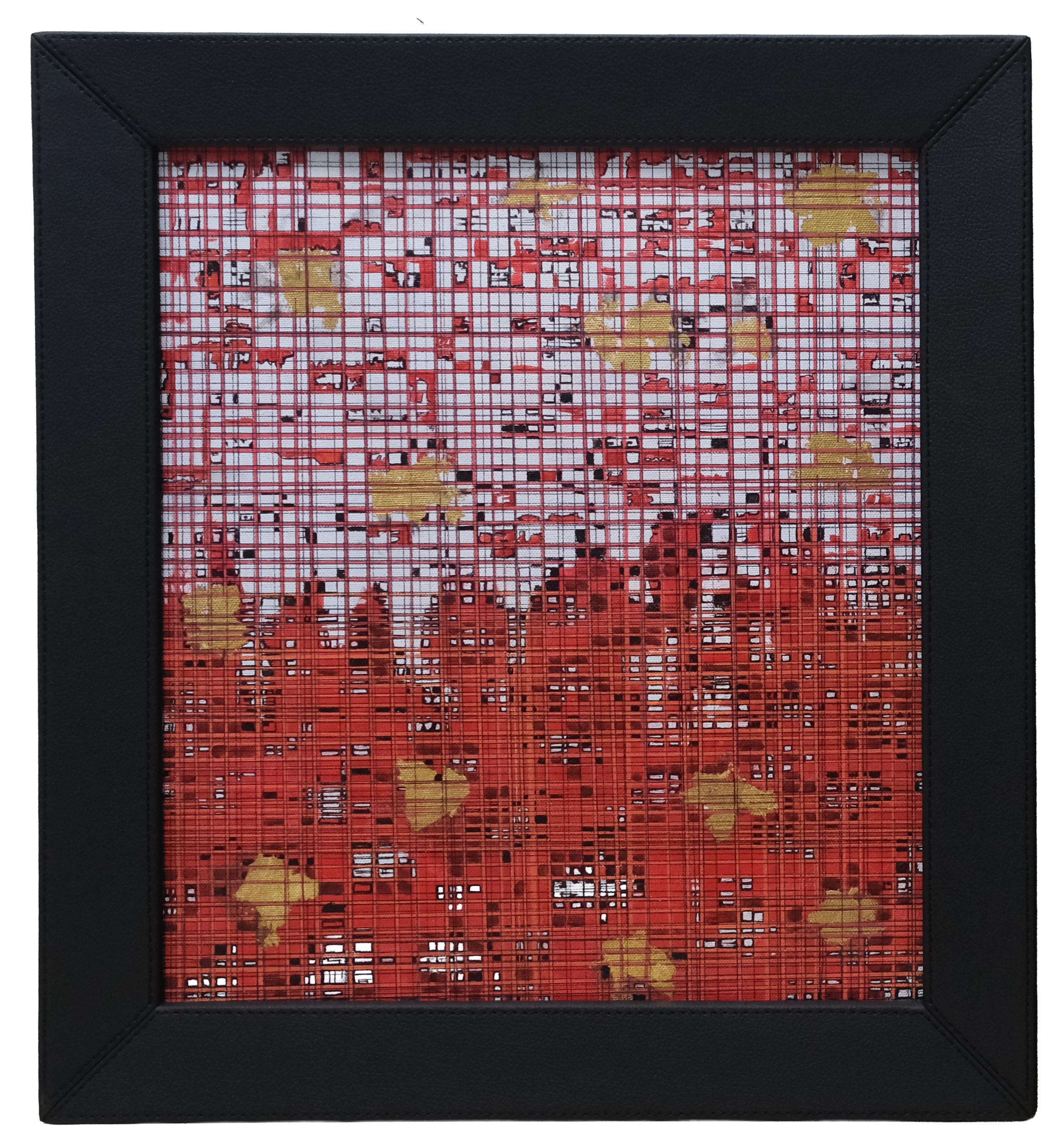 Original mixed media abstract artwork featuring layered red grid lines, gold leaf accents, and dense geometric textures creating depth and visual rhythm.
