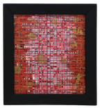 Original mixed media abstract artwork featuring layered red grid lines, gold leaf accents, and textured geometric patterns.