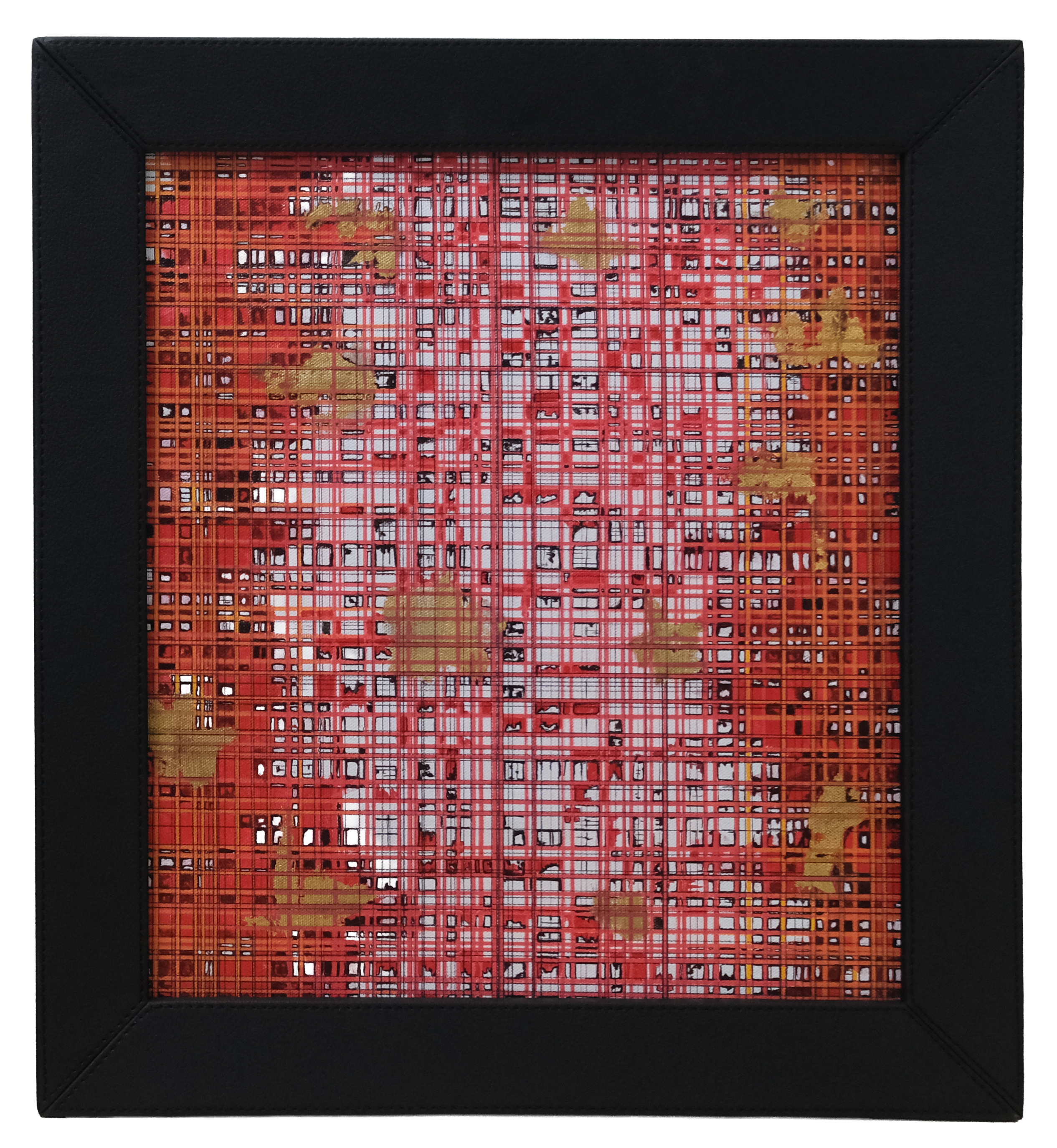 Original mixed media abstract artwork featuring layered red grid lines, gold leaf accents, and textured geometric patterns.