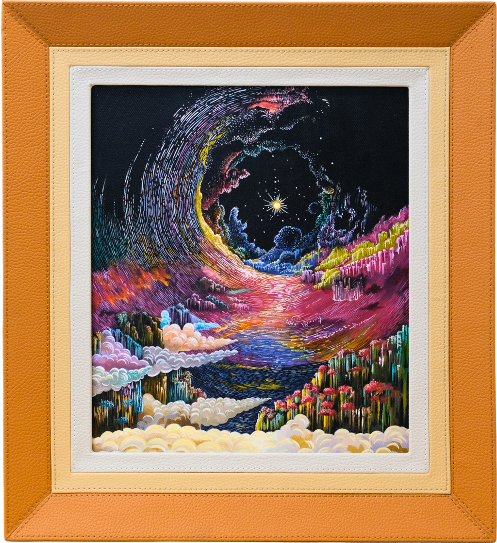Original contemporary abstract acrylic painting featuring a dreamlike cosmic landscape with swirling colors, celestial light, pastel clouds, and intricate stippling.