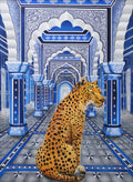 Leopard sitting on a decorative floor with blue and white arches in the background