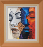 Original contemporary acrylic portrait painting featuring a split face in contrasting monochrome, blue, and orange tones, symbolising identity, emotion, and self-expression.