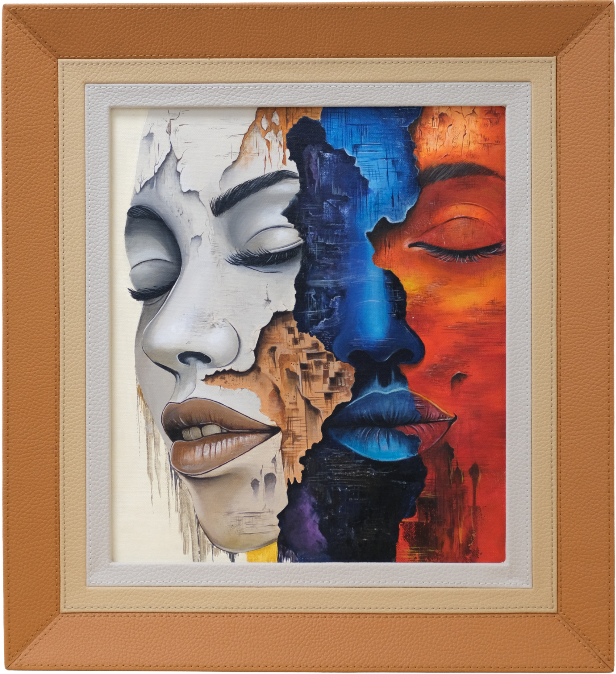Original contemporary acrylic portrait painting featuring a split face in contrasting monochrome, blue, and orange tones, symbolising identity, emotion, and self-expression.